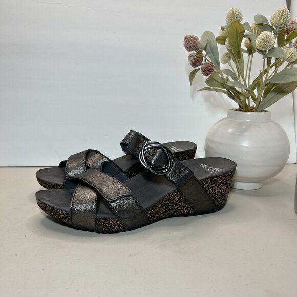 Dansko Leather Susie Wedge Sandals Buckle Black Women EU 42/11.5 Tried on - Picture 3 of 10